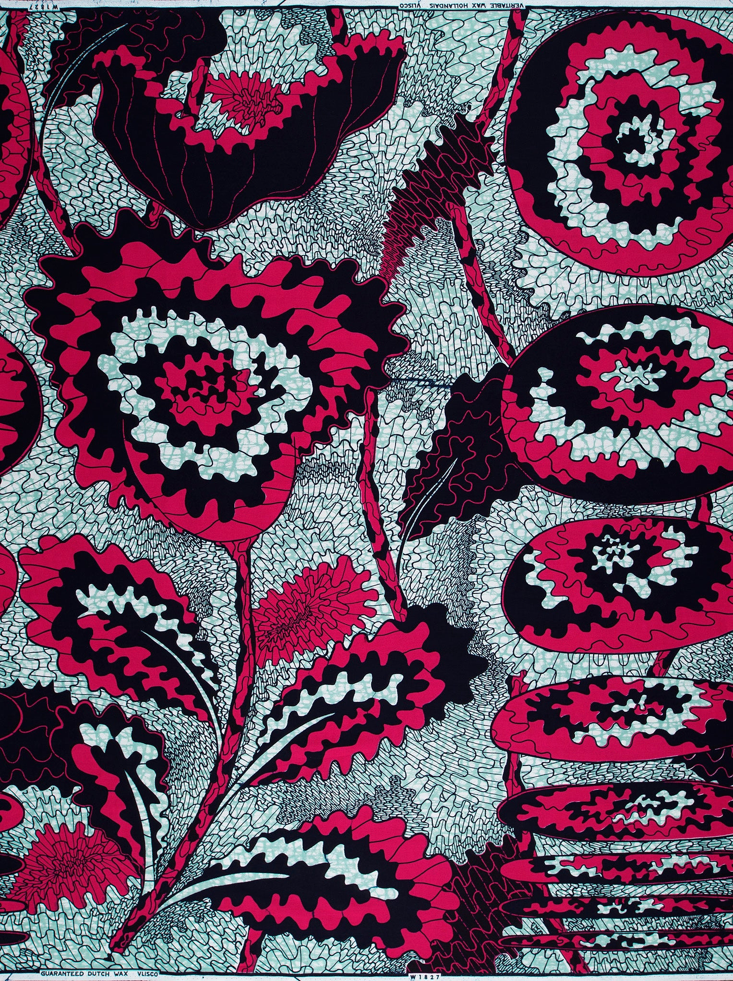 Vibrant red black white floral-patterned wax hollandais vlw1827.002