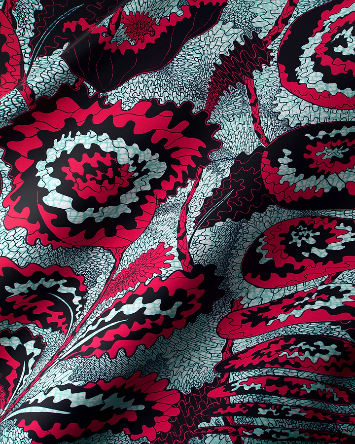 Vibrant red black silver-gray floral-patterned wax hollandais vlw1827.002