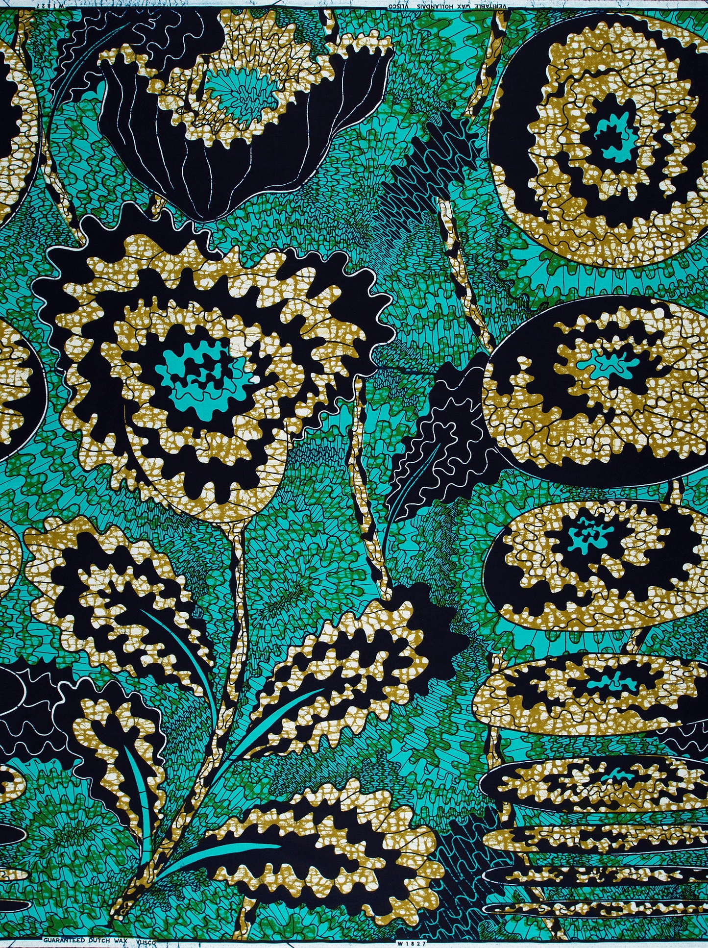 Vibrant turquoise black floral fabric wax hollandais vlw1827.003