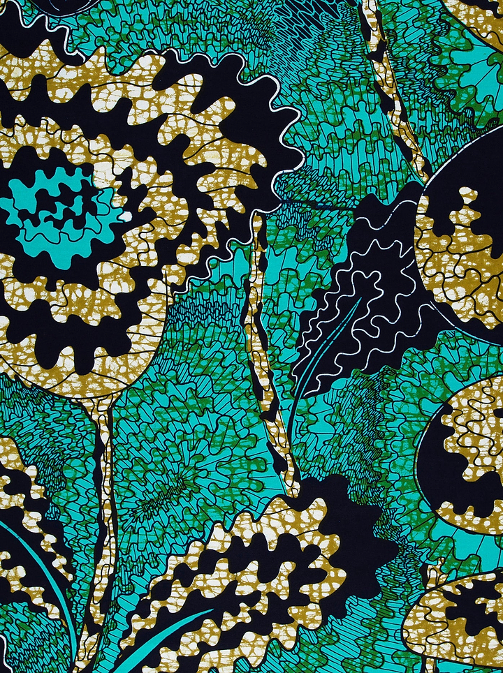 Vibrant turquoise gold patterned fabric wax hollandais vlw1827.003