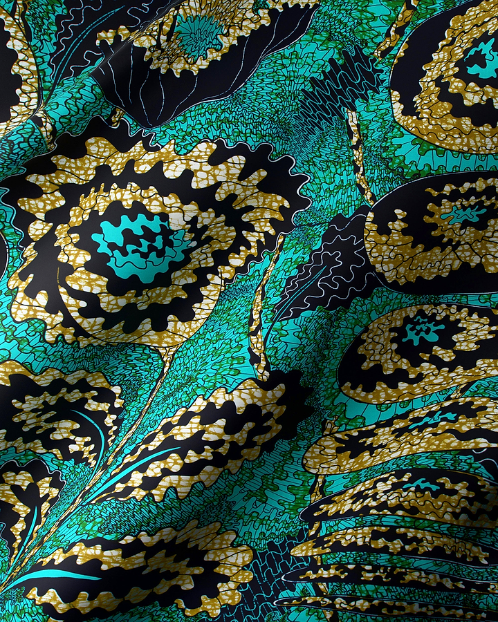 Vibrant teal gold floral-patterned silk wax hollandais vlw1827.003