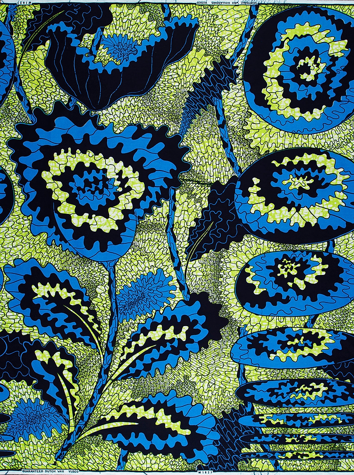 Vibrant blue lime green floral-patterned wax hollandais vlw1827.005