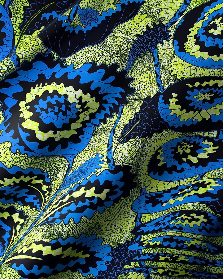 Vibrant blue lime green floral-patterned wax hollandais vlw1827.005