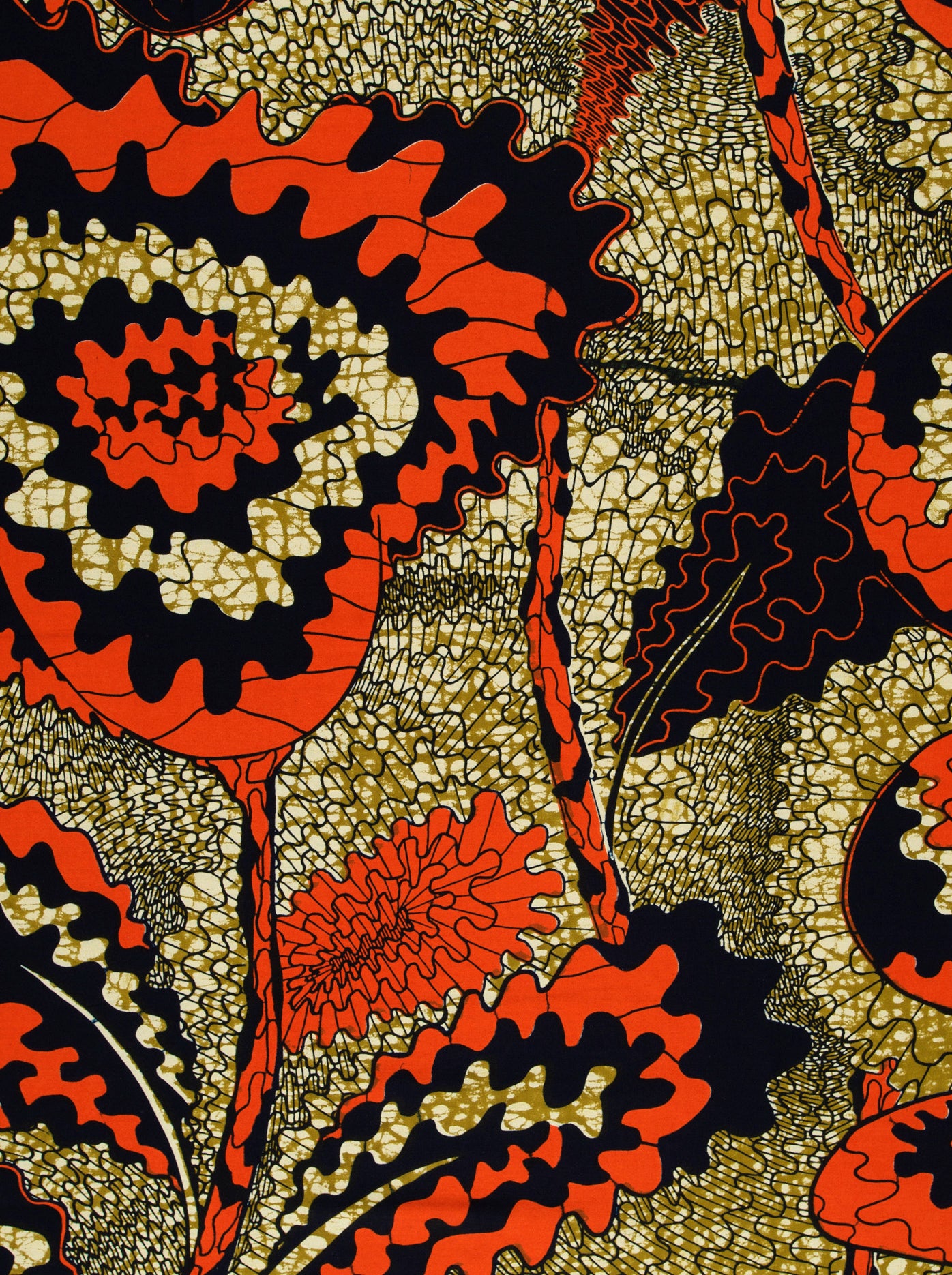 Vibrant orange black floral patterned wax hollandais vlw1827.007
