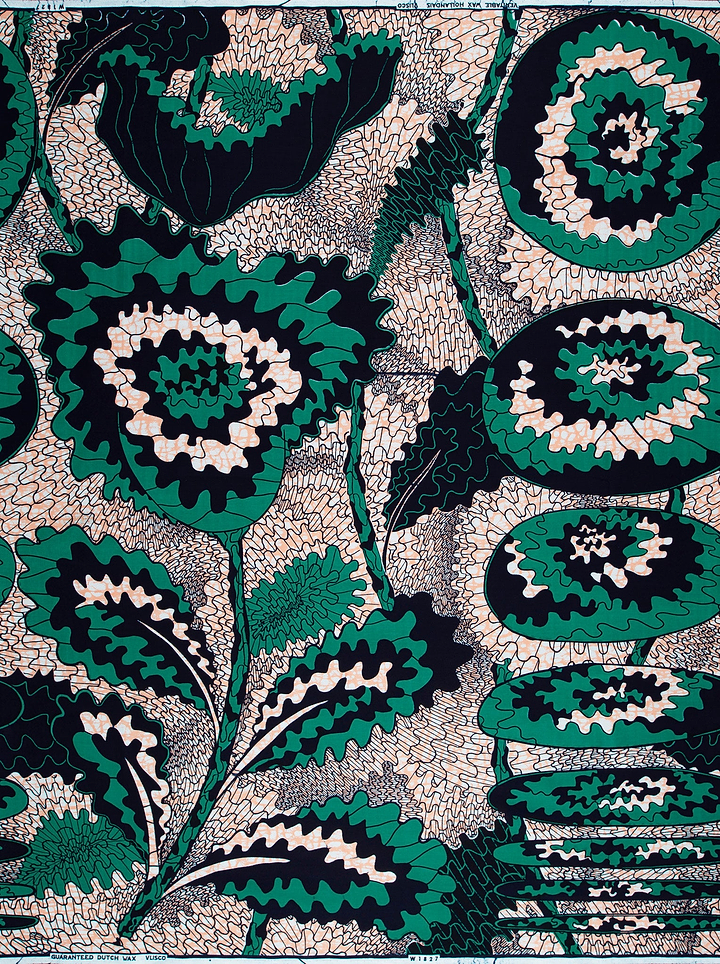 Vibrant green black floral patterned wax hollandais vlw1827.008