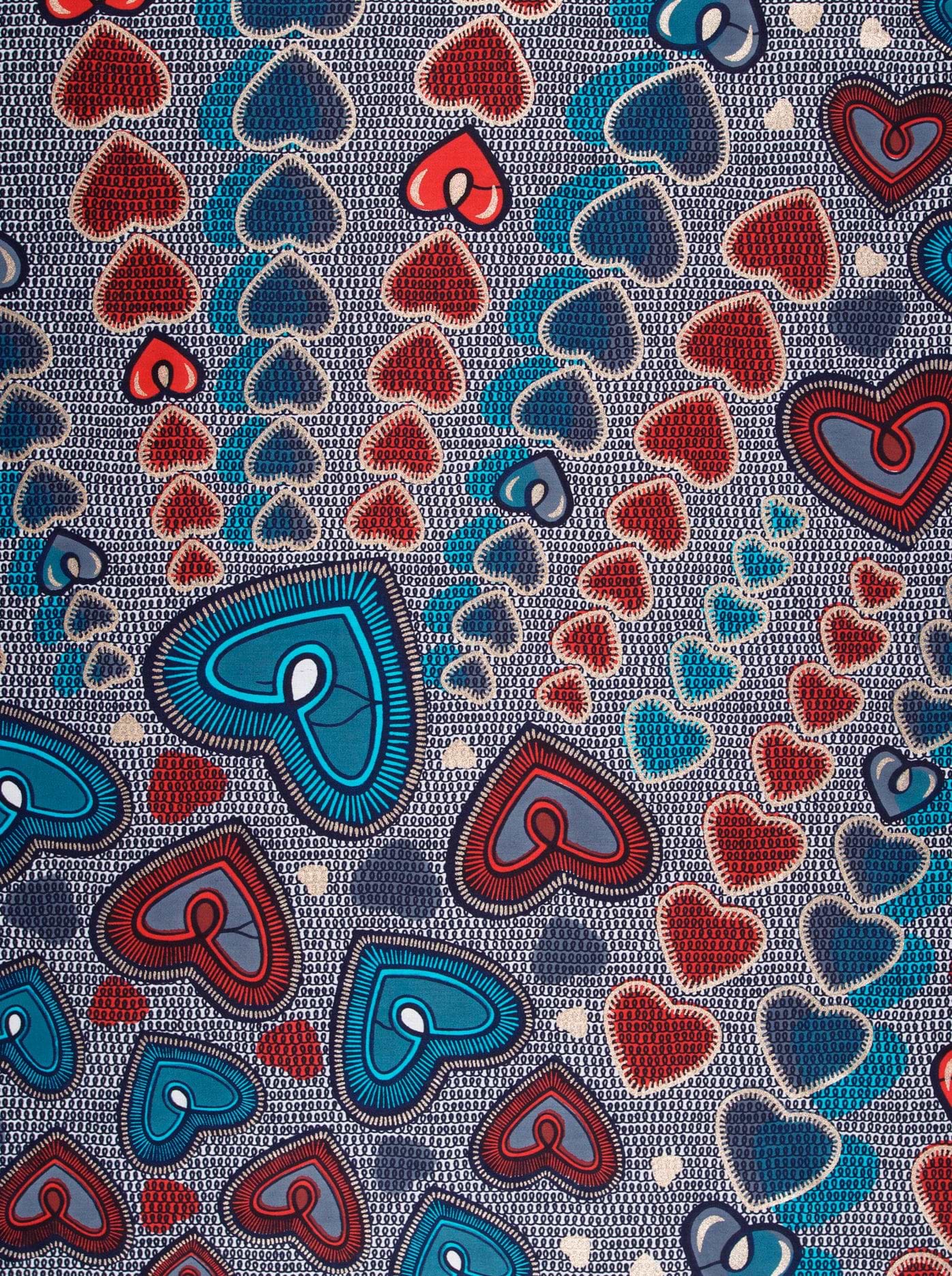 Blue red heart-patterned fabric intricate satin royal vlw2776.003