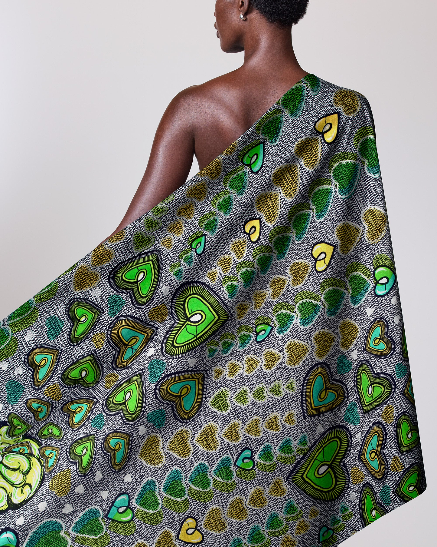 Vibrant patterned fabric draped model’s satin royal vlw2776.004