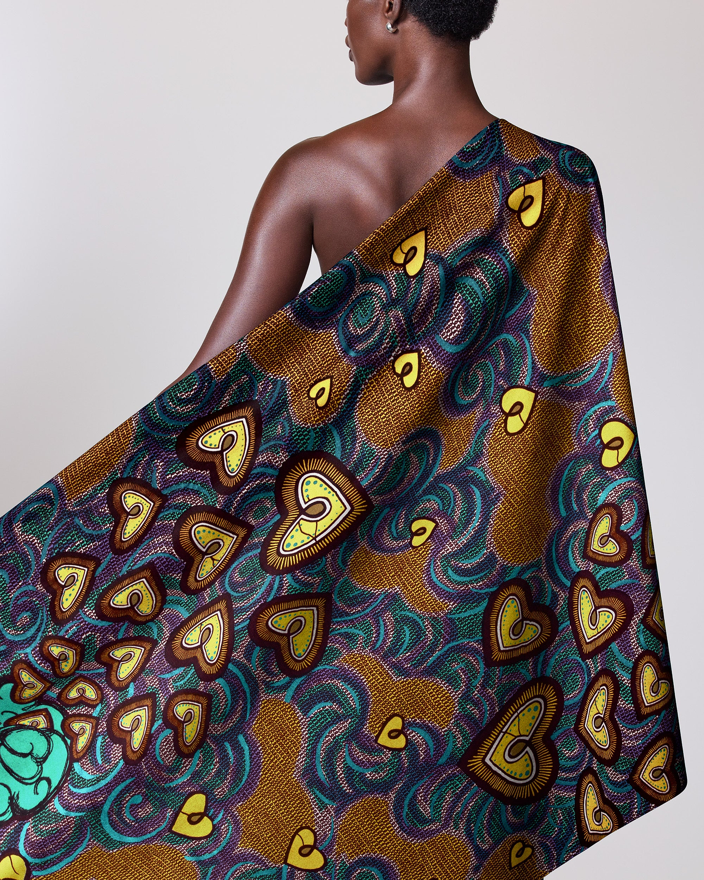 Vibrant patterned fabric draped model’s satin royal vlw2776.010