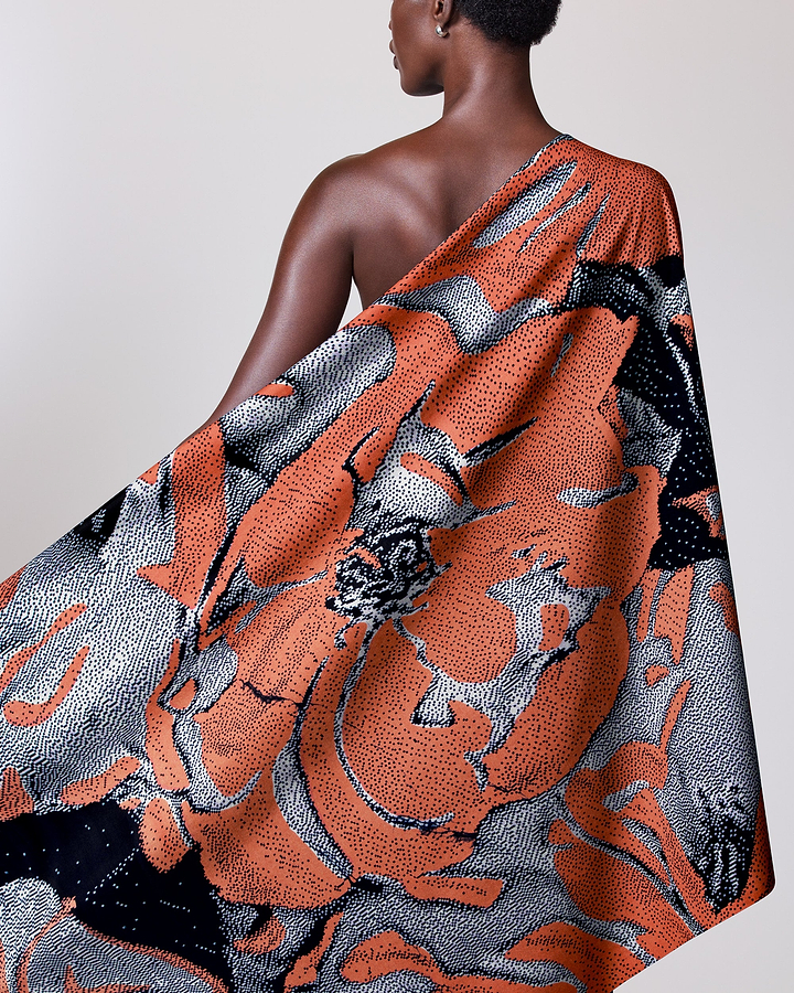 Vibrant orange silver black floral-patterned wax hollandais vlw2850.005