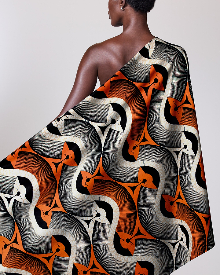 Vibrant orange black white geometric-patterned wax hollandais vlw2975.003