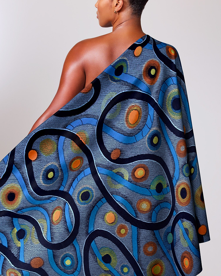 Vibrant blue one-shoulder wrap dress satin royal vlw3211.001
