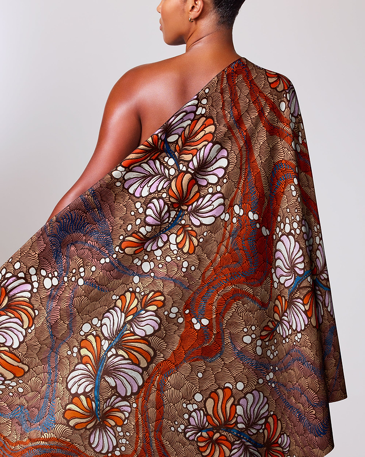 One-shoulder wrap dress rich brown satin royal vlw3532.006