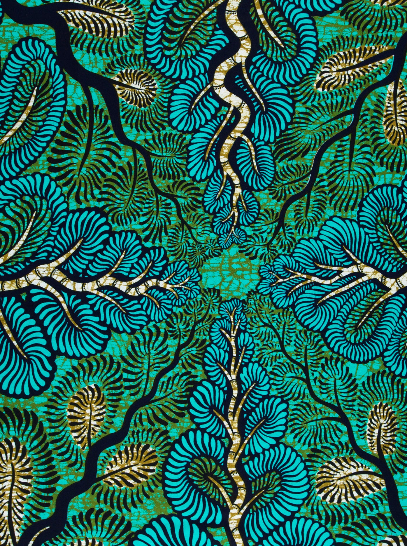 Vibrant turquoise gold leaf-patterned african wax hollandais vlw3579.003