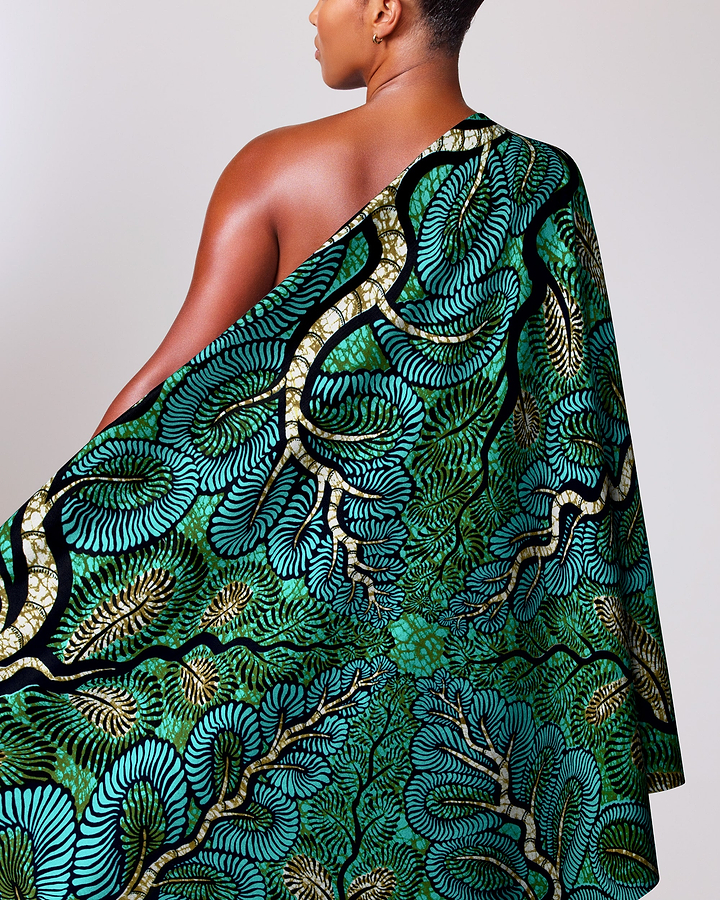 Vibrant green teal one-shoulder wrap wax hollandais vlw3579.003