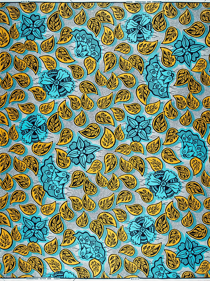 Vibrant turquoise gold african print wax hollandais vlw4450.016