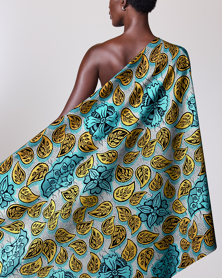 Vibrant turquoise gold patterned fabric wax hollandais vlw4450.016