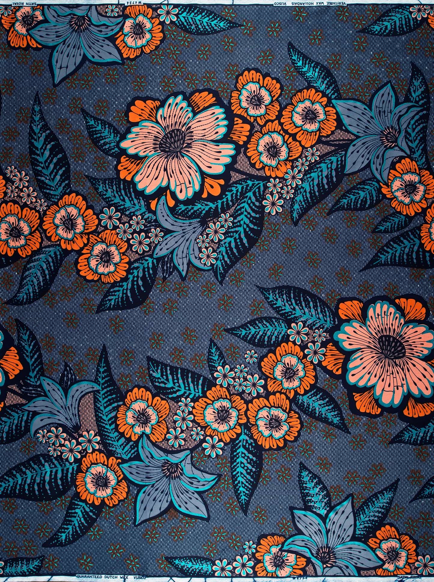 Vibrant orange teal floral patterned satin royal vlw4754.002