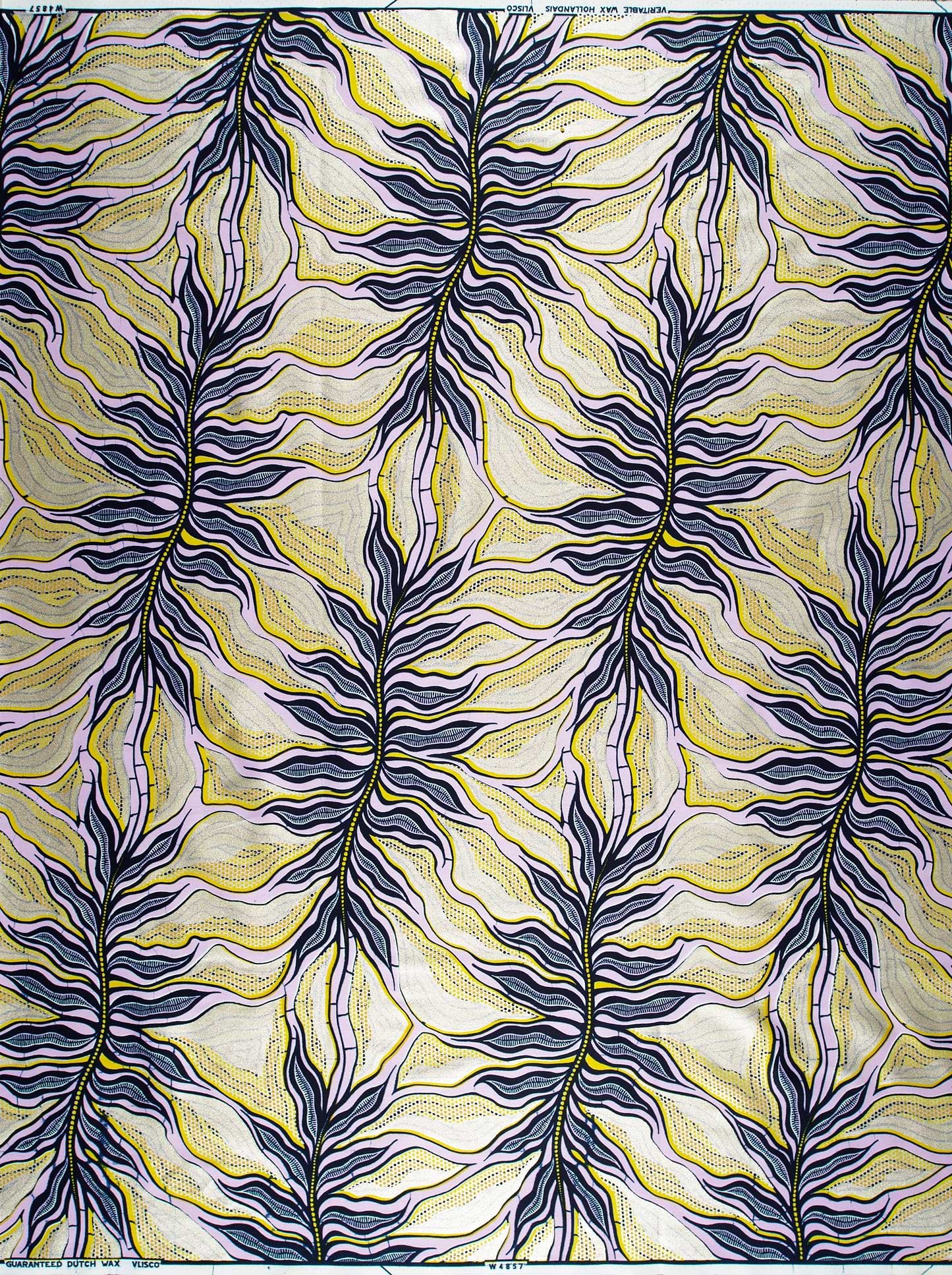 Vibrant yellow navy blue leaf-patterned wax hollandais vlw4857.024