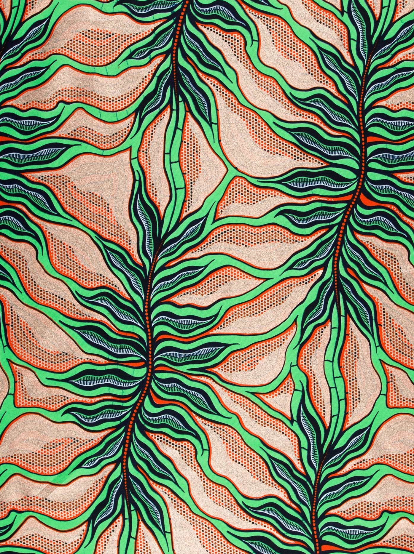 Vibrant green black leaf-patterned fabric wax hollandais vlw4857.025