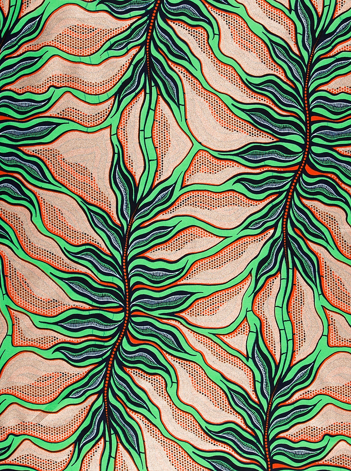 Vibrant green black leaf-patterned fabric wax hollandais vlw4857.025