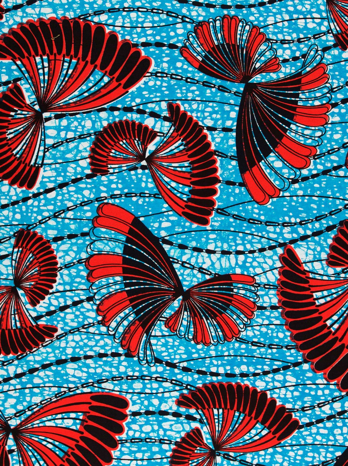 Vibrant red black fan-shaped motifs wax hollandais vlw5154.002