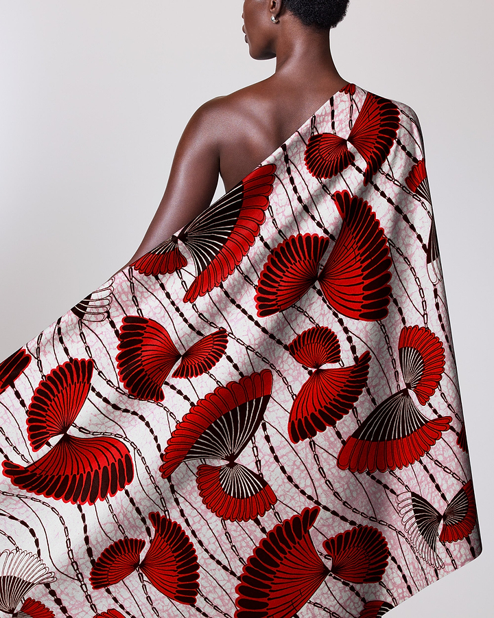 Vibrant red black fan-patterned fabric wax hollandais vlw5154.006