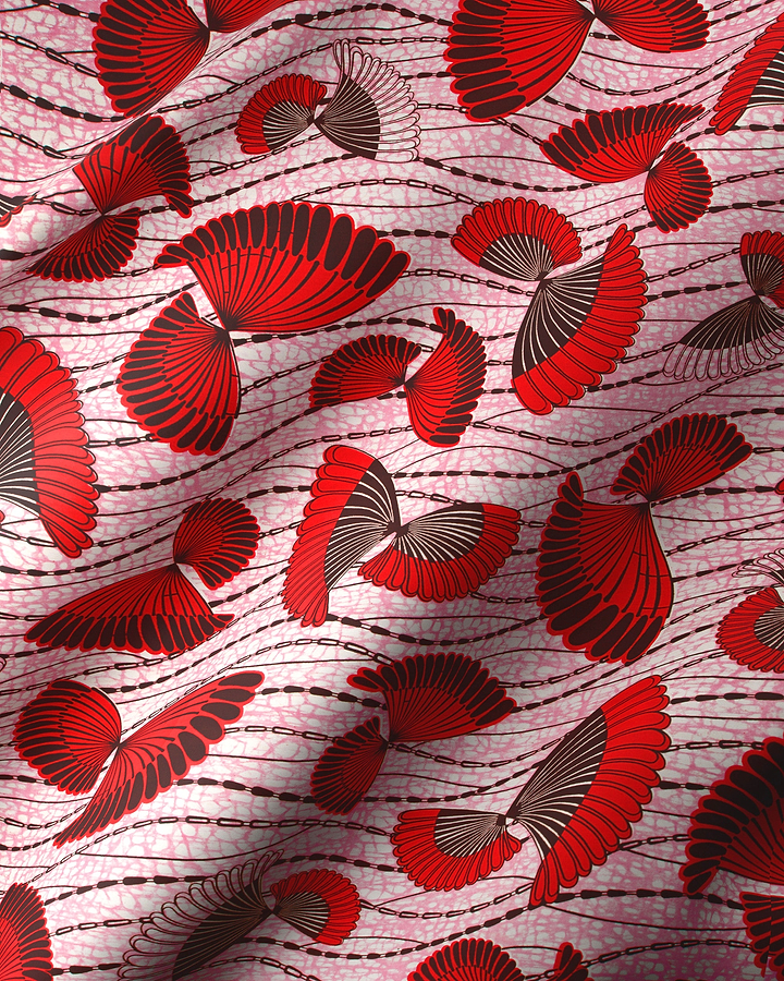 Vibrant red black fan-shaped motifs wax hollandais vlw5154.006