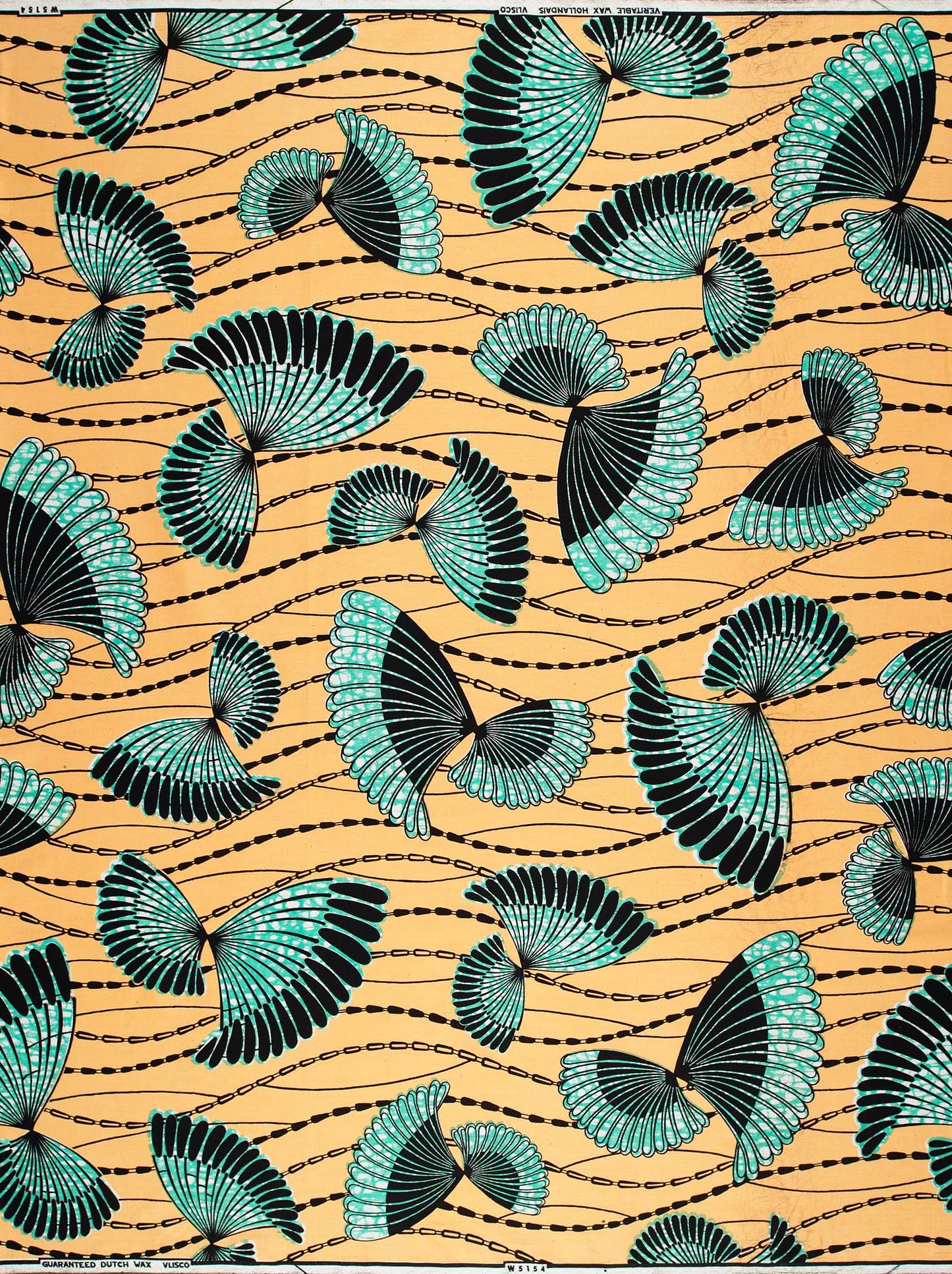 Vibrant teal black fan-shaped motifs wax hollandais vlw5154.007