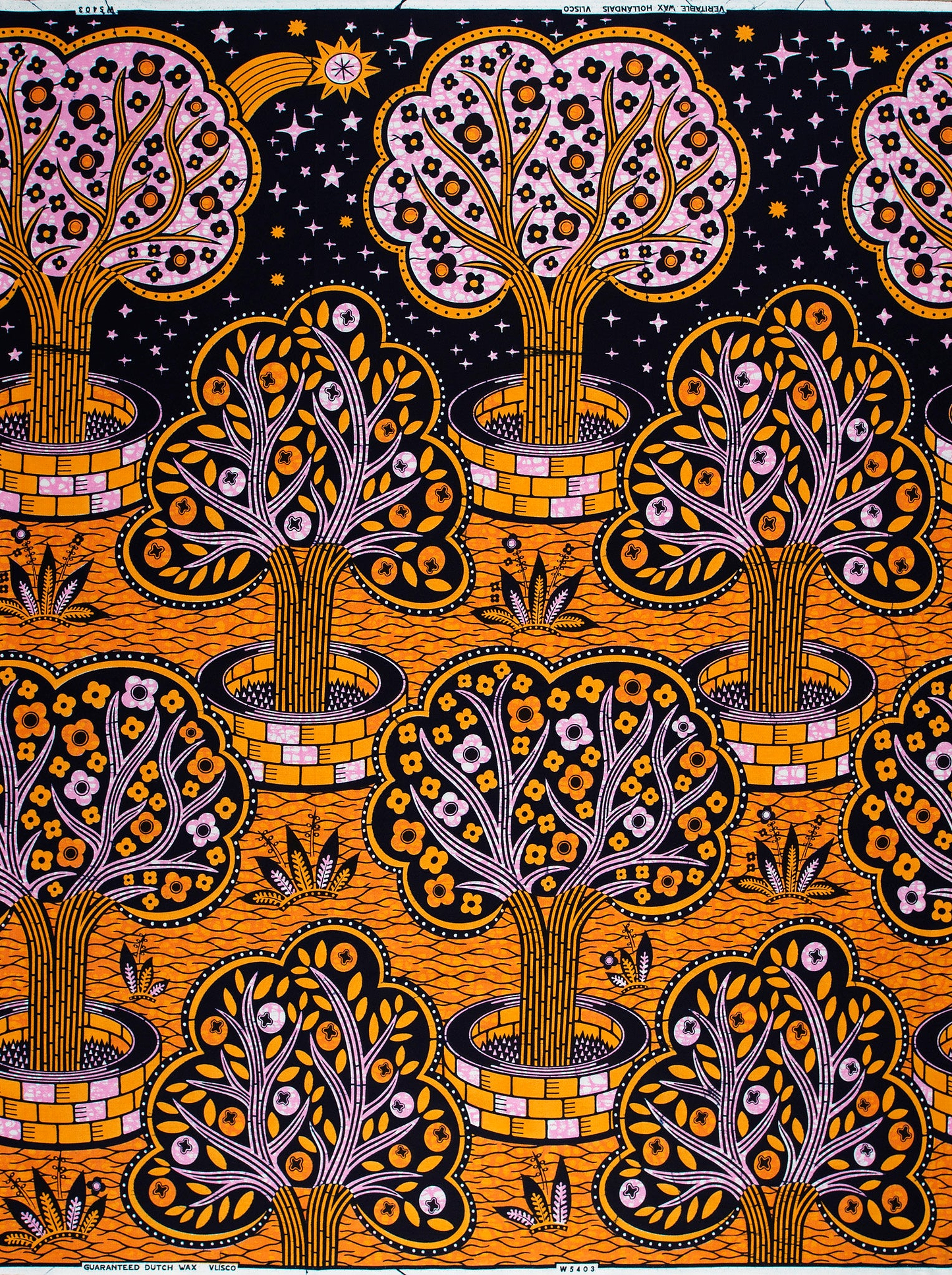 Vibrant orange black patterned fabric wax hollandais vlw5403.001