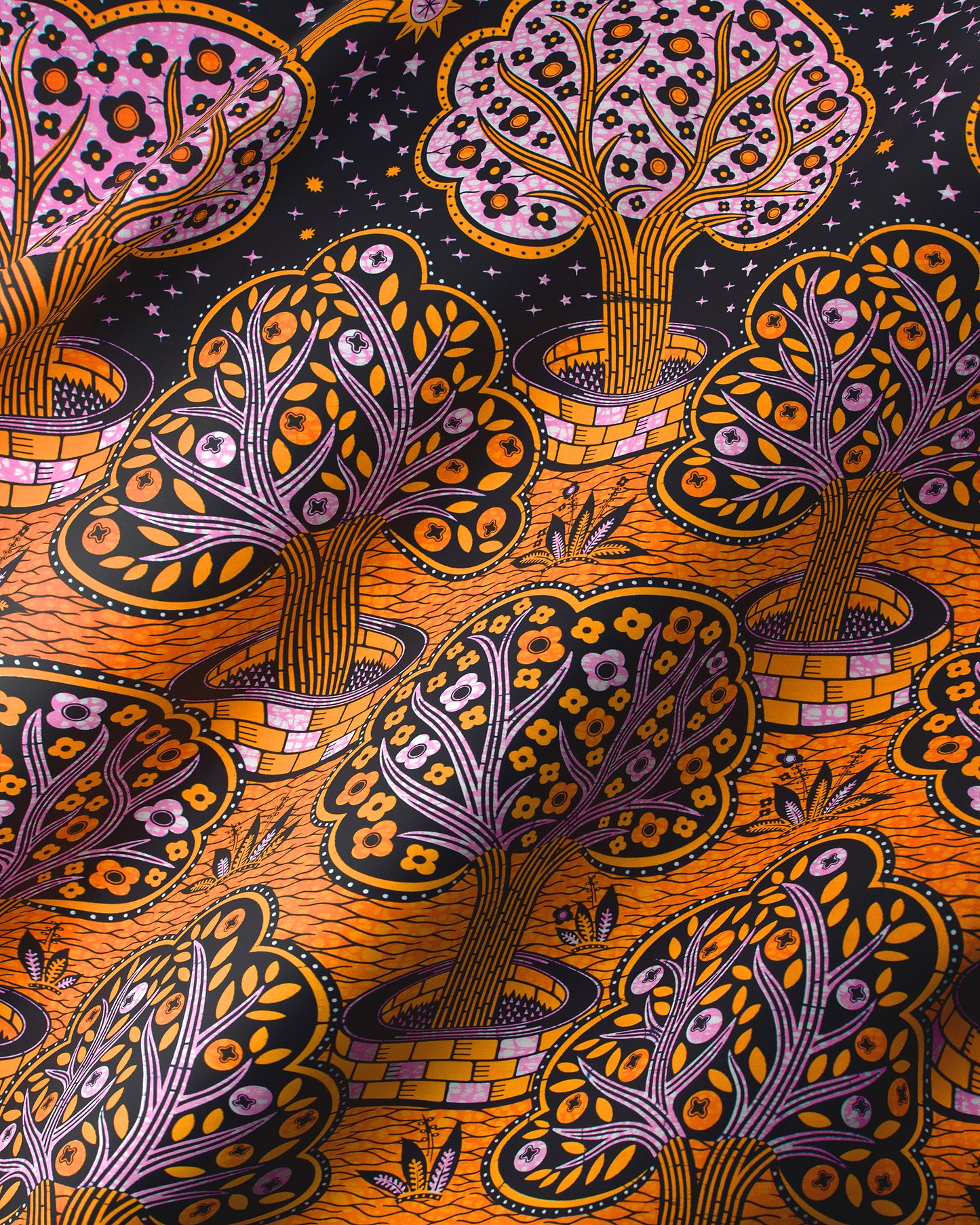 Vibrant orange purple stylized trees wax hollandais vlw5403.001