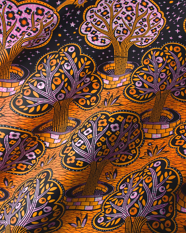 Vibrant orange purple stylized trees wax hollandais vlw5403.001