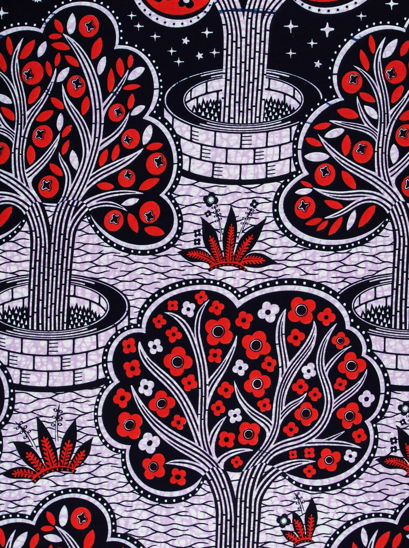 Black red white patterned fabric wax hollandais vlw5403.004