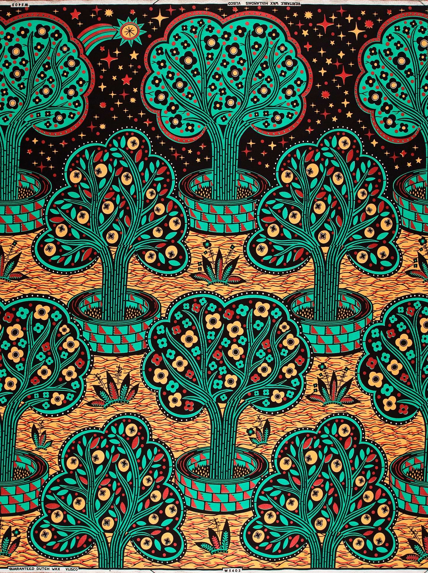 Vibrant teal trees intricate floral wax hollandais vlw5403.007