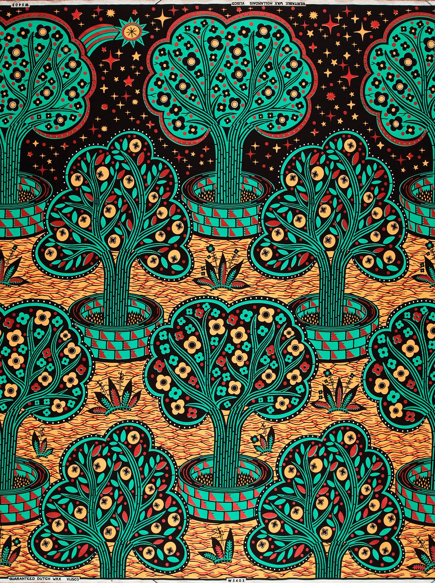 Vibrant teal trees intricate floral wax hollandais vlw5403.007