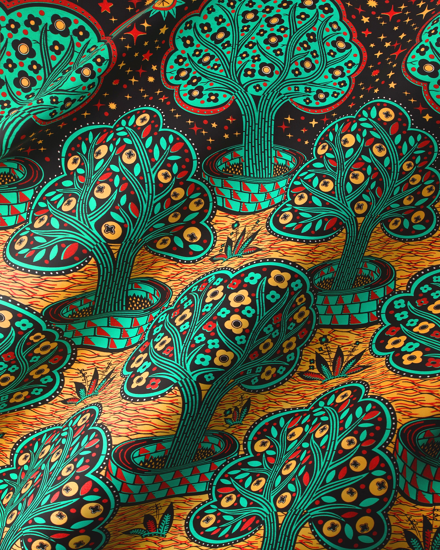 Vibrant teal red stylized trees wax hollandais vlw5403.007