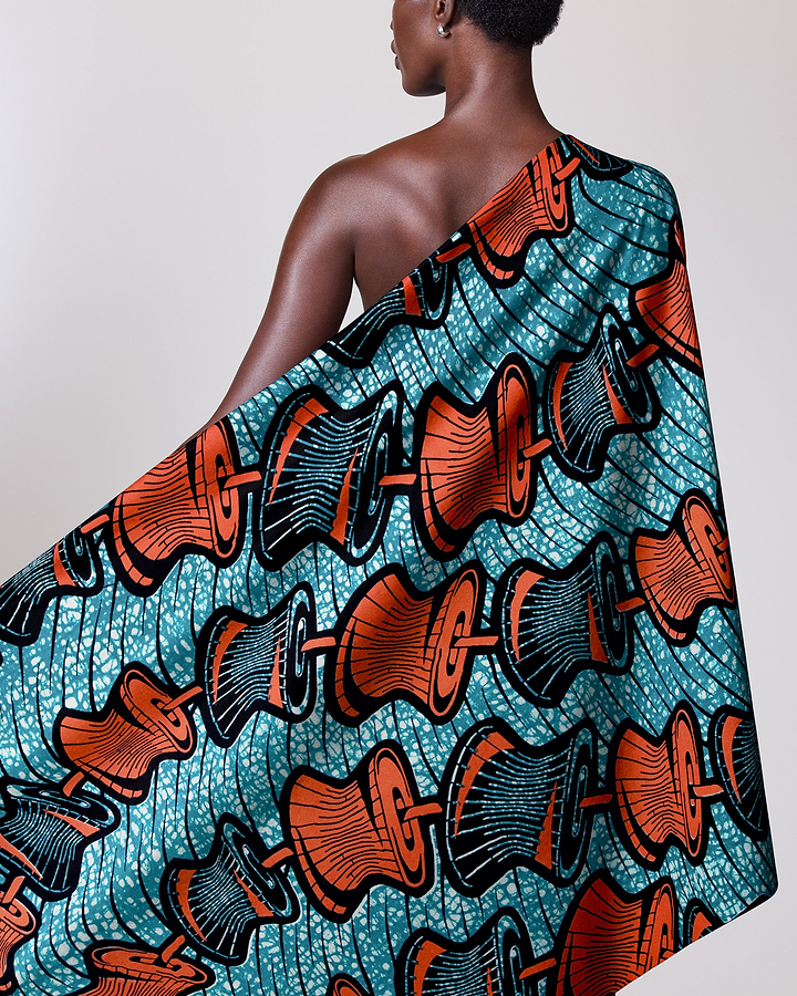 Vibrant turquoise orange patterned african wax hollandais vlw6165.006