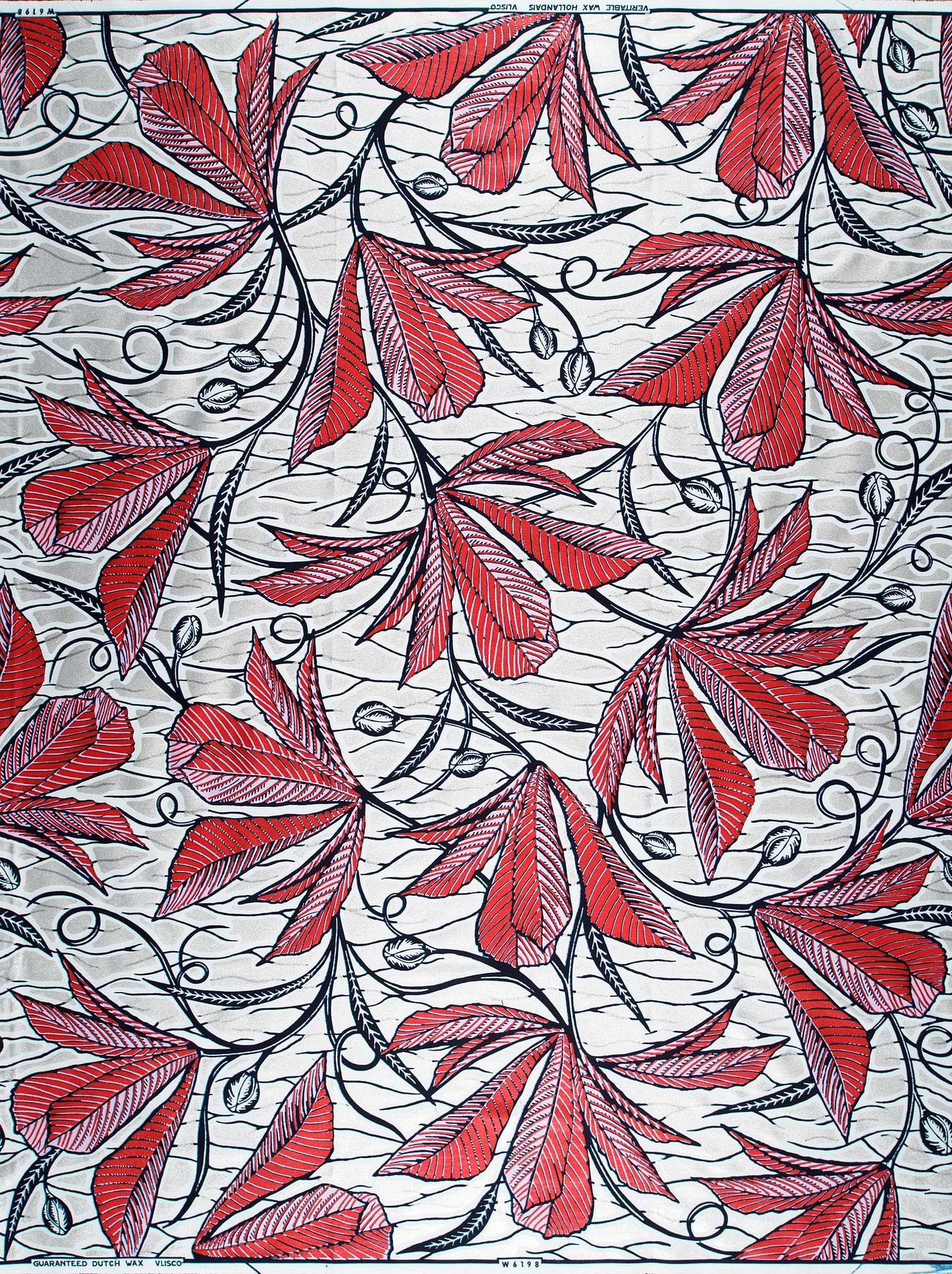 Red black leaf-patterned fabric white wax glitterglam vlw6198.023