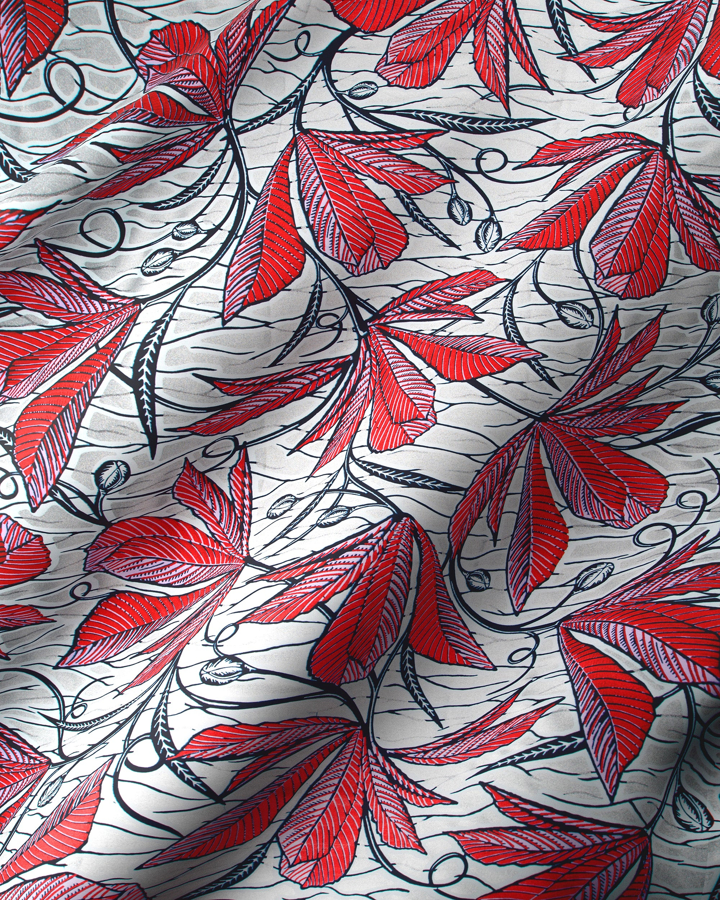 Red leaf-patterned fabric black outlines wax glitterglam vlw6198.023