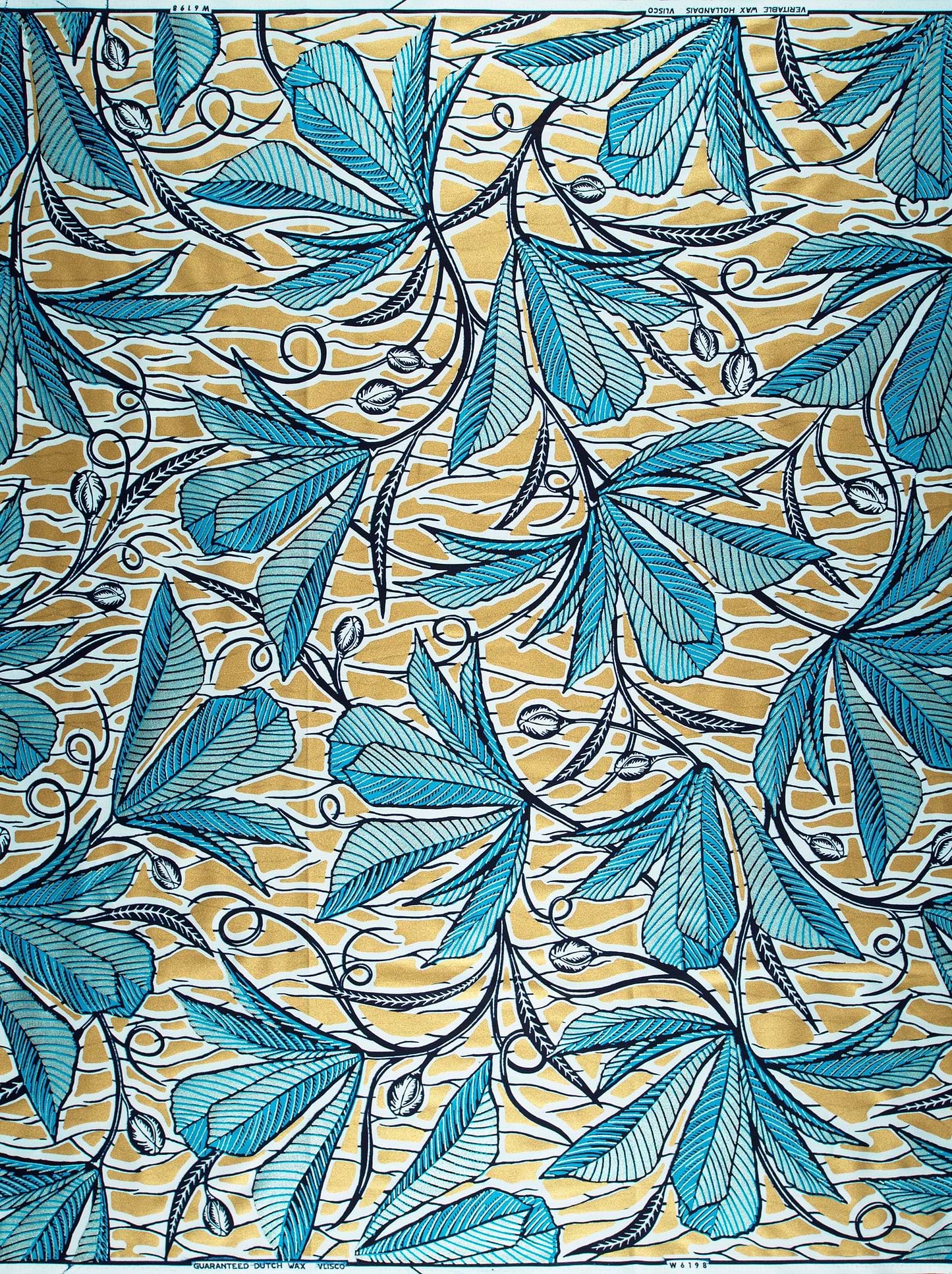 Vibrant turquoise leaf-patterned fabric black wax glitterglam vlw6198.024