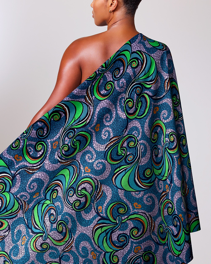 Vibrant one-shoulder cape made bold satin royal vlw7252.007