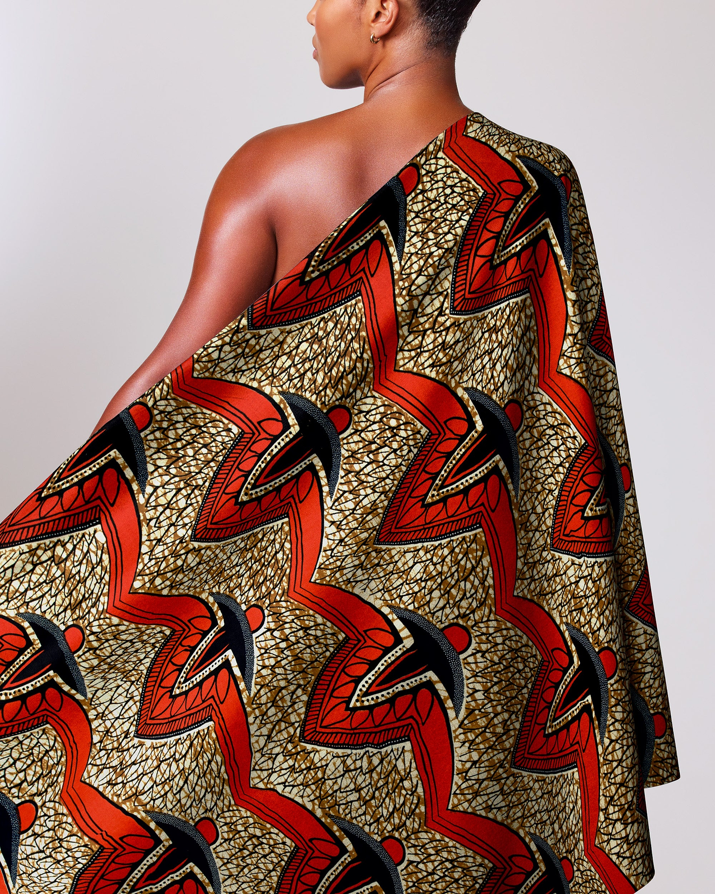 Vibrant red black patterned one-shoulder wax hollandais vlw7312.004