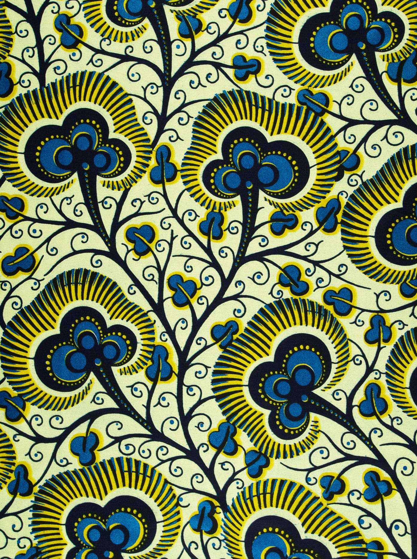 Vibrant blue yellow floral-patterned fabric wax hollandais vlw7374.013