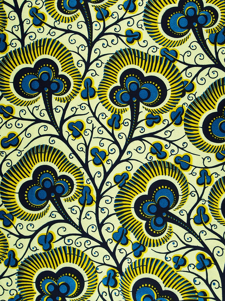 Vibrant blue yellow floral-patterned fabric wax hollandais vlw7374.013