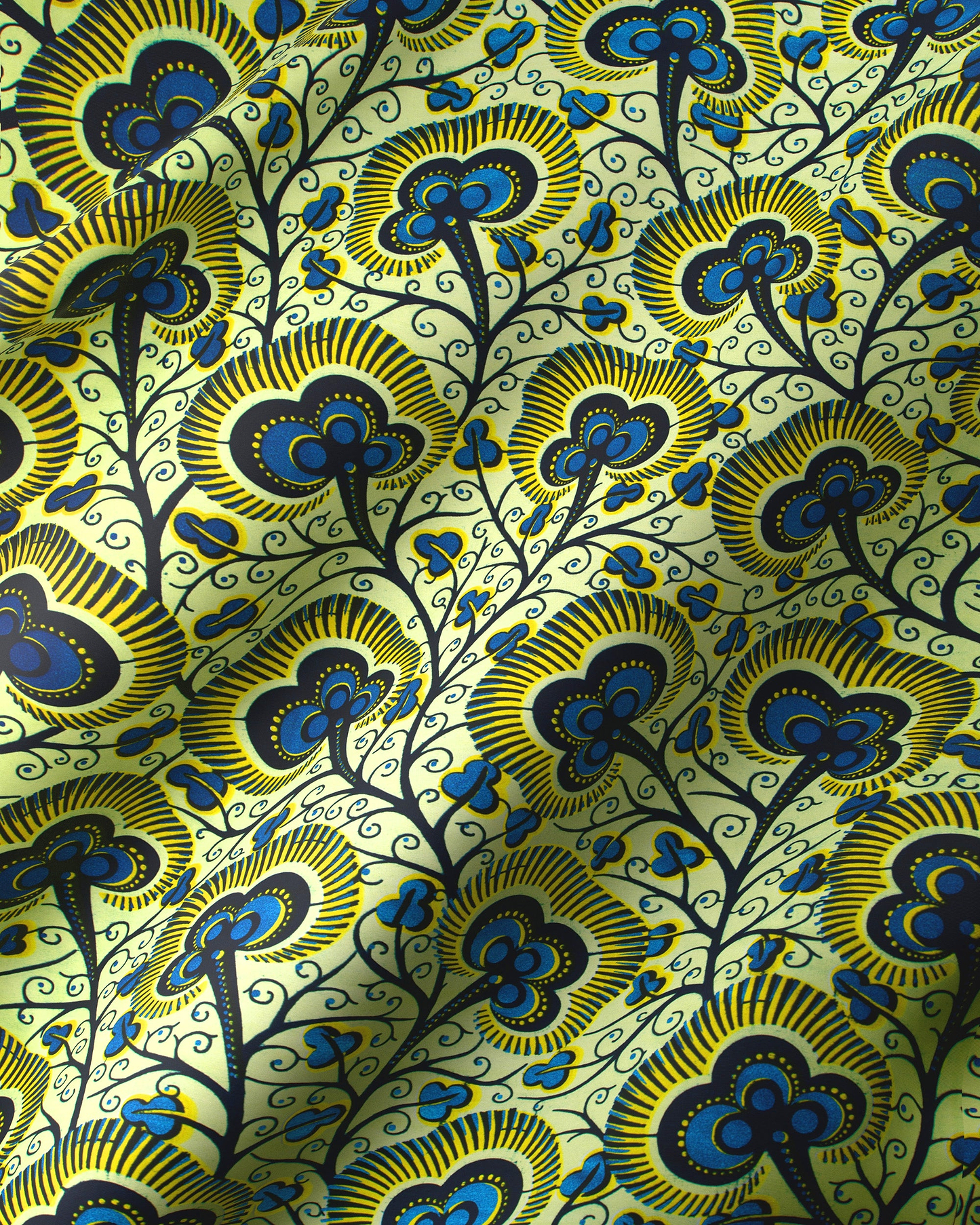 Vibrant yellow blue floral-patterned fabric wax hollandais vlw7374.013