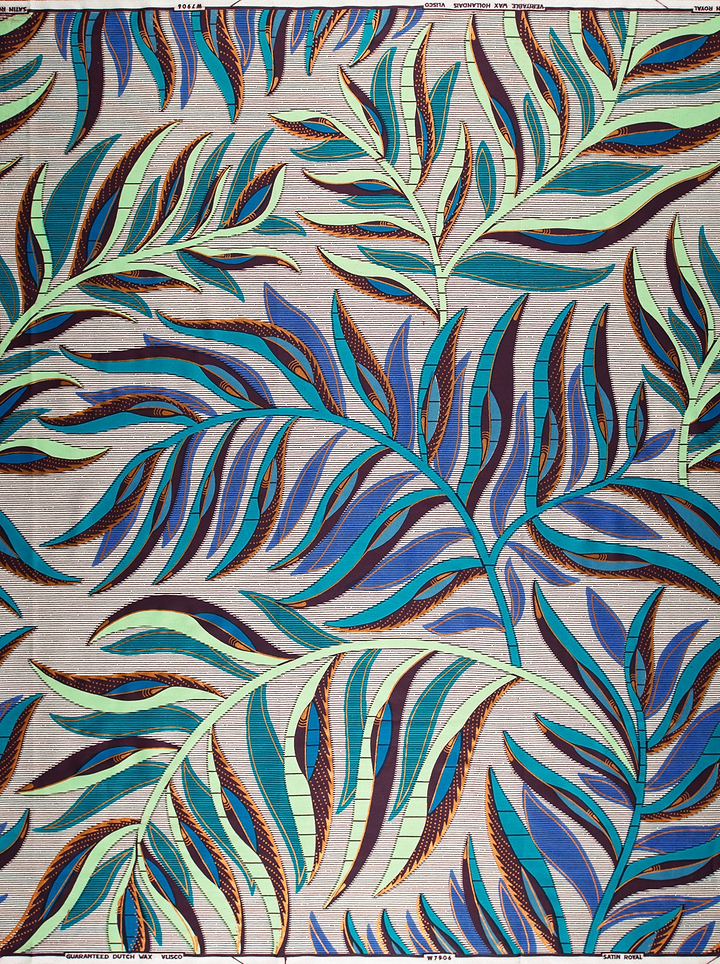 Vibrant tropical leaf pattern fabric satin royal vlw7906.004
