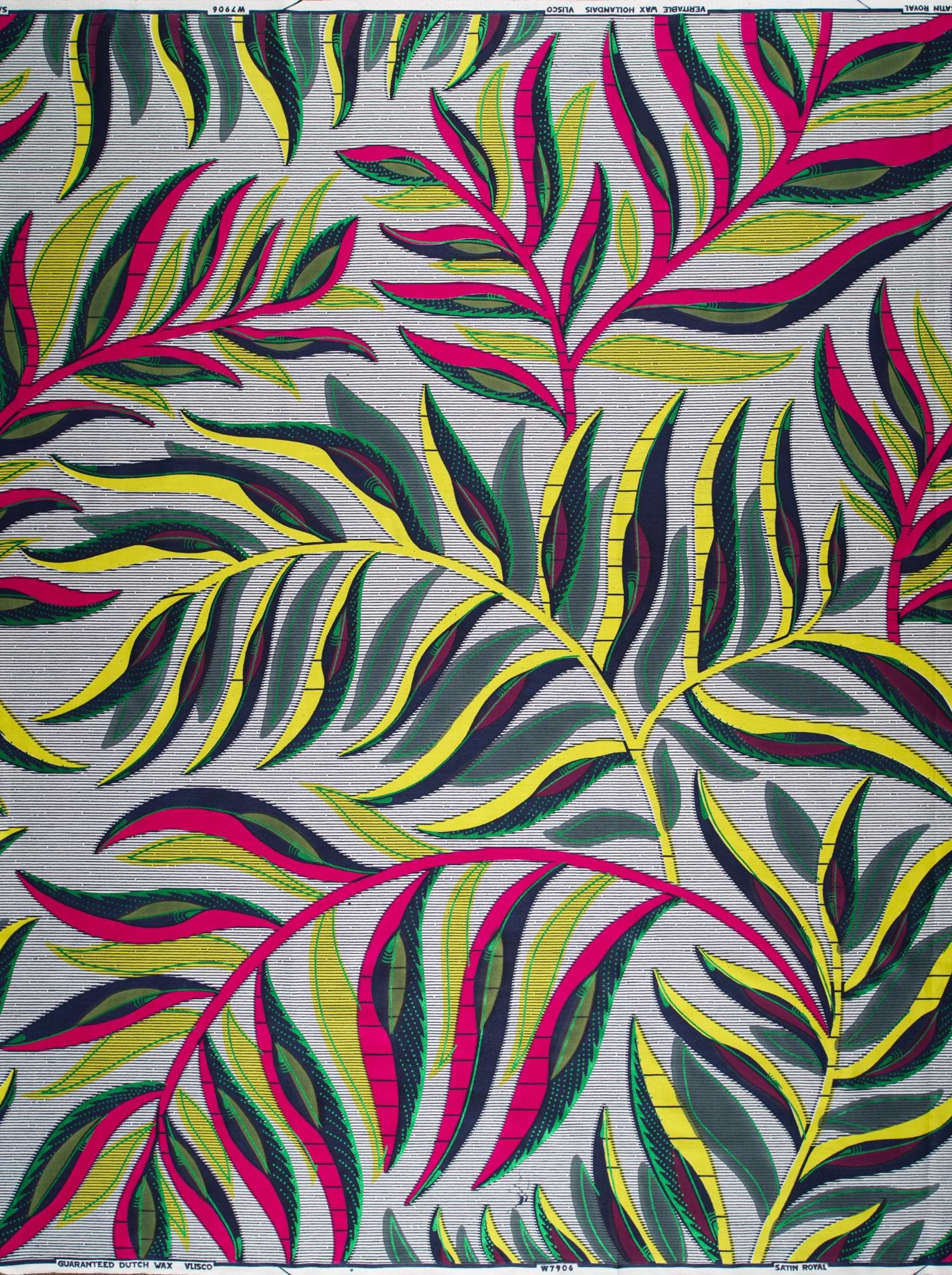 Vibrant tropical leaf pattern fabric satin royal vlw7906.007