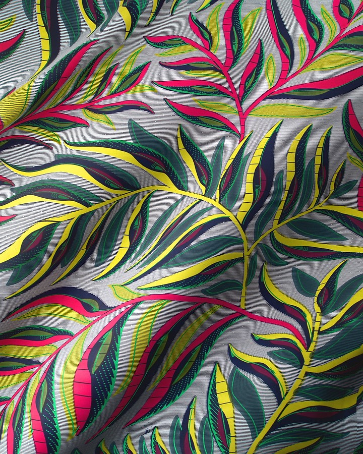 Vibrant tropical leaf patterned scarf satin royal vlw7906.007