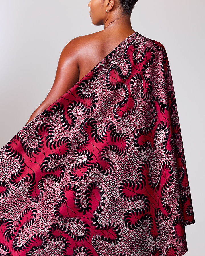 Vibrant red black patterned one-shoulder wax hollandais vlw8651.001