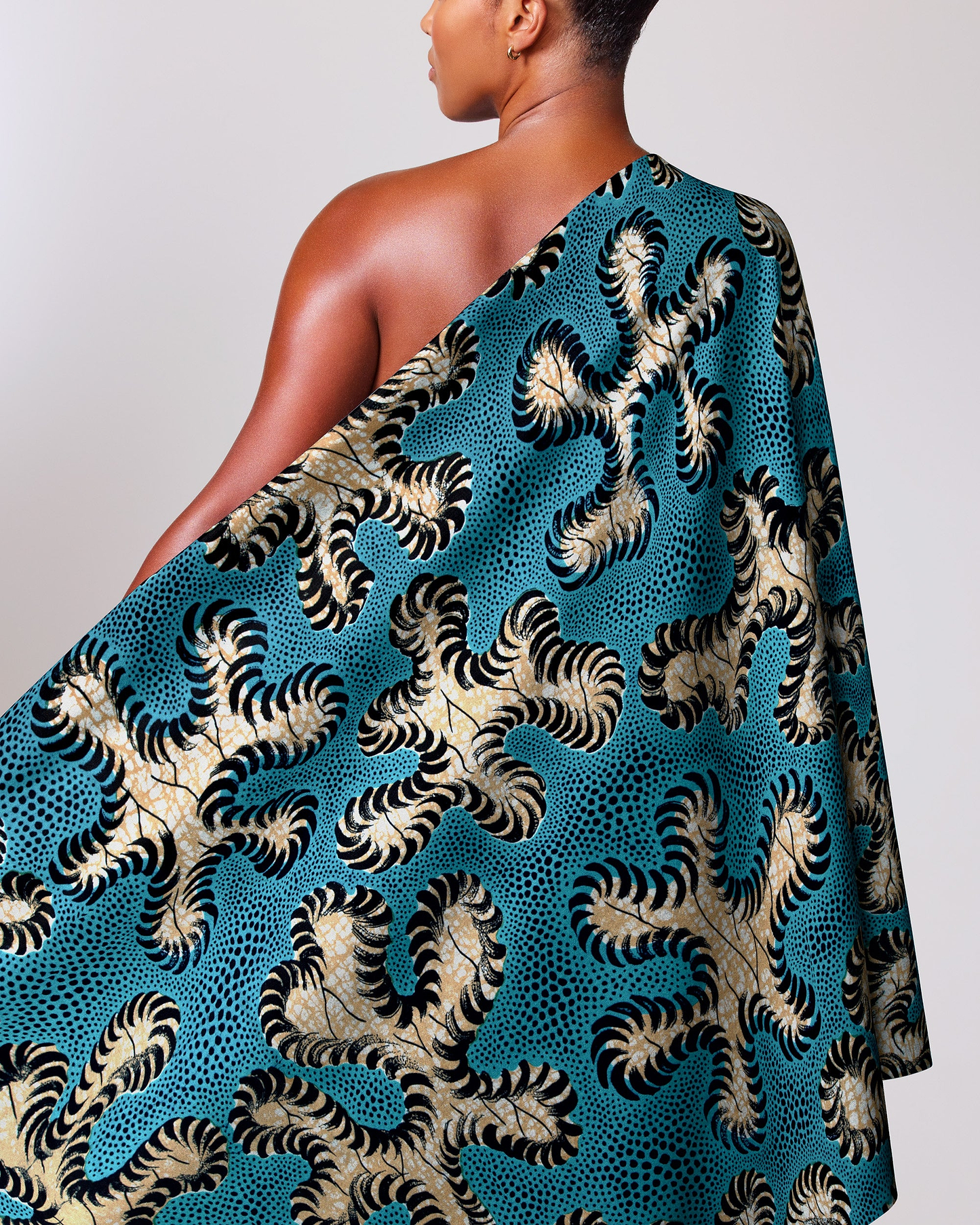 Vibrant teal one-shoulder wrap dress wax hollandais vlw8651.002