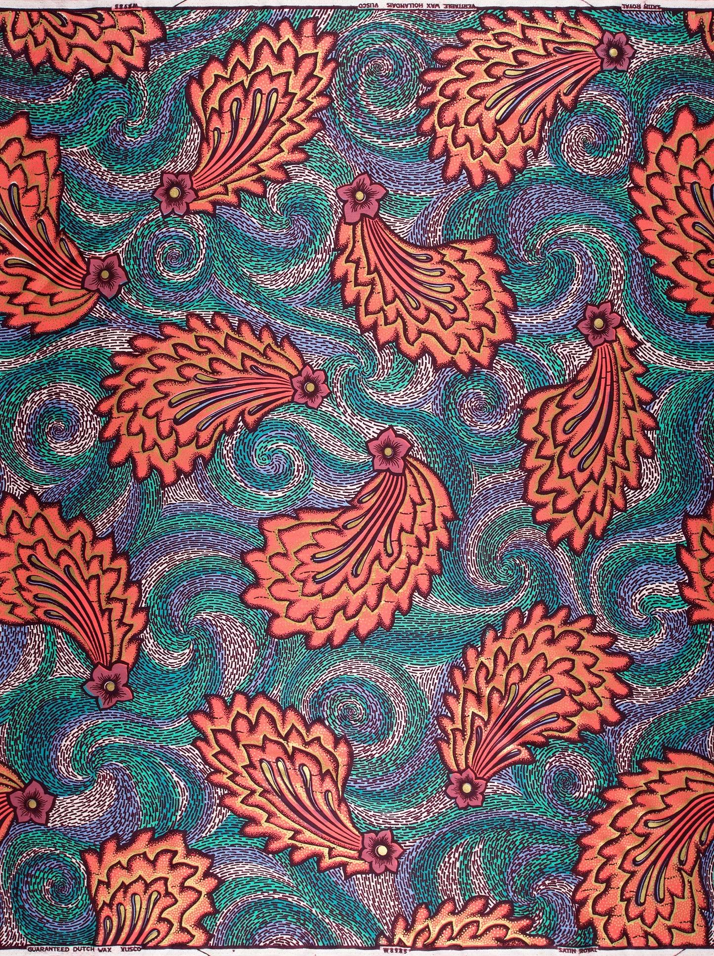 Vibrant coral-orange feather-like motifs purple satin royal vlw8985.005